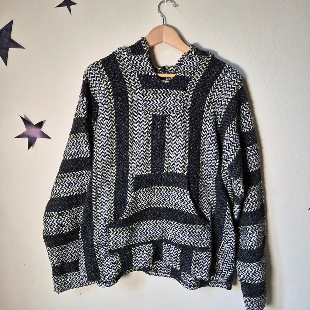 VTG Baja Joe Mens Hoodie M 90s Boho Grunge Pullover Drug Rug Mexican Surfer Grey